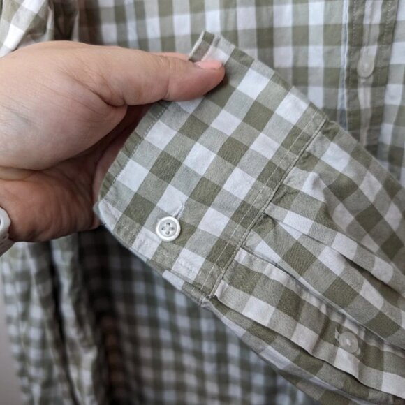 J Crew Slim Flex Washed Tan & White Checkered  Plaid Gingham XL Mens Button Down - Picture 7 of 9